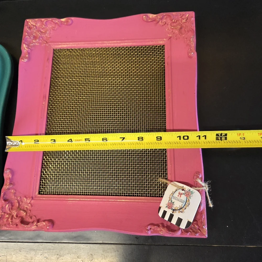 Hot Pink Ornate Wooden Frame W/ Gold Mesh Screen For Jewelry Hanging (11